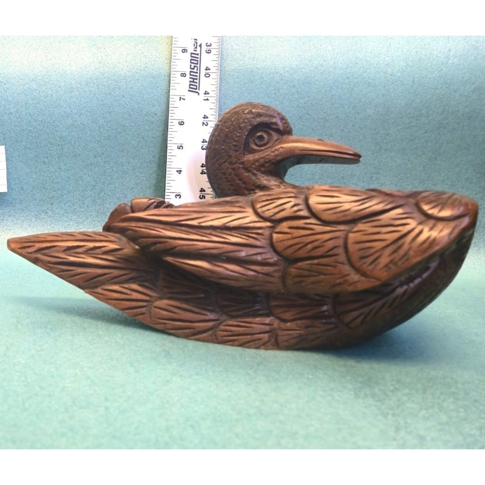 Hand-Carved Wooden Duck Figurine Intricate Feather Detail Rustic Wood Decor 9in